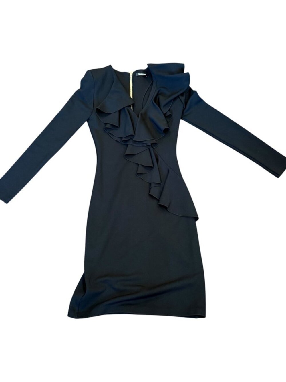 Balmain Black Long-Sleeve Ruffled Dress, Size 34/US 2
